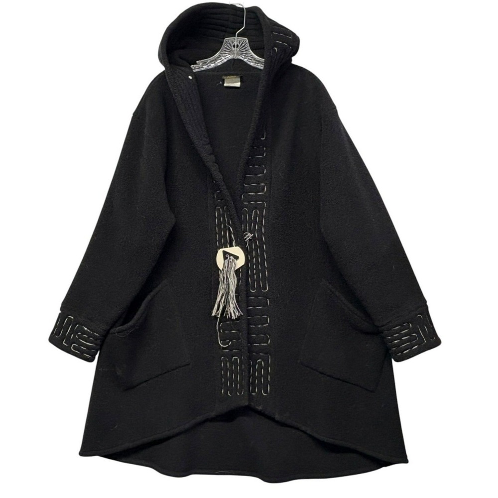 Linda Lundström Hooded Black Fleece Toggle Coat Boho Lagenlook Oversized